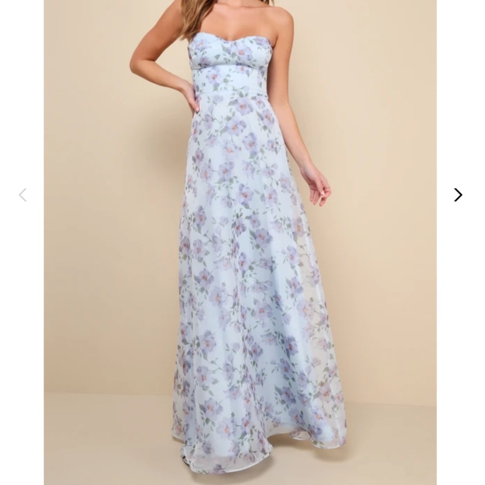 Lulus Chic Preciousness Light Blue Floral Organza Bustier Maxi Dress